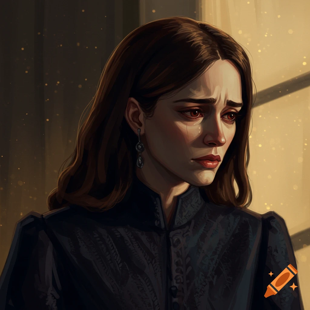 Digital painting of a woman with red eyes crying.