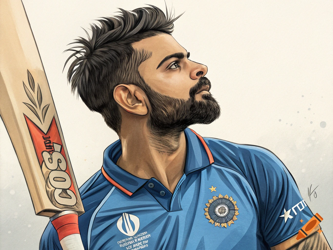 Illustration of Virat Kohli holding a cricket bat and looking upwards.