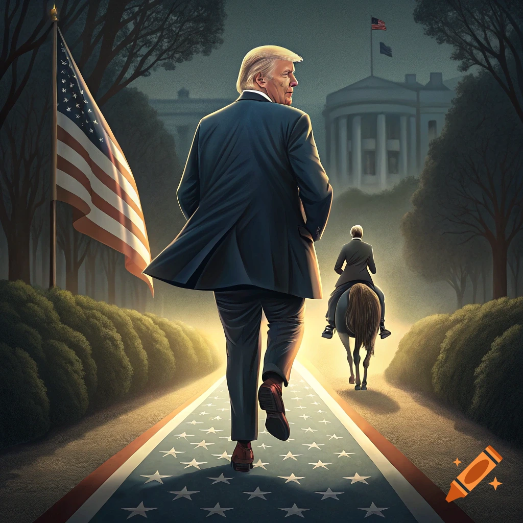 Donald Trump walks on a star-spangled path with an American flag and the White House in the background, while a figure rides a horse behind him.