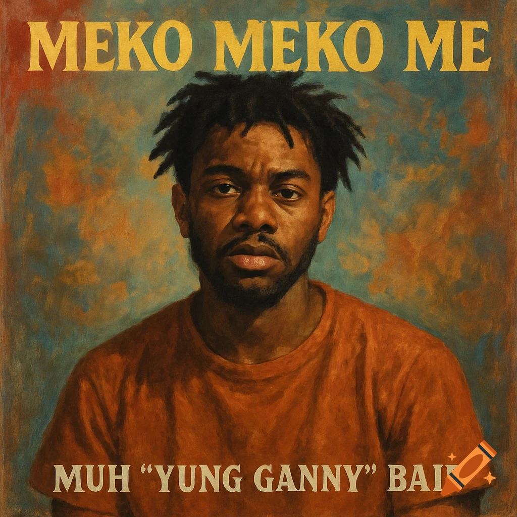 Painted portrait of a man on an album cover with text 'MEKO MEKO ME' and 'MUH "YUNG GANNY" BAID'.