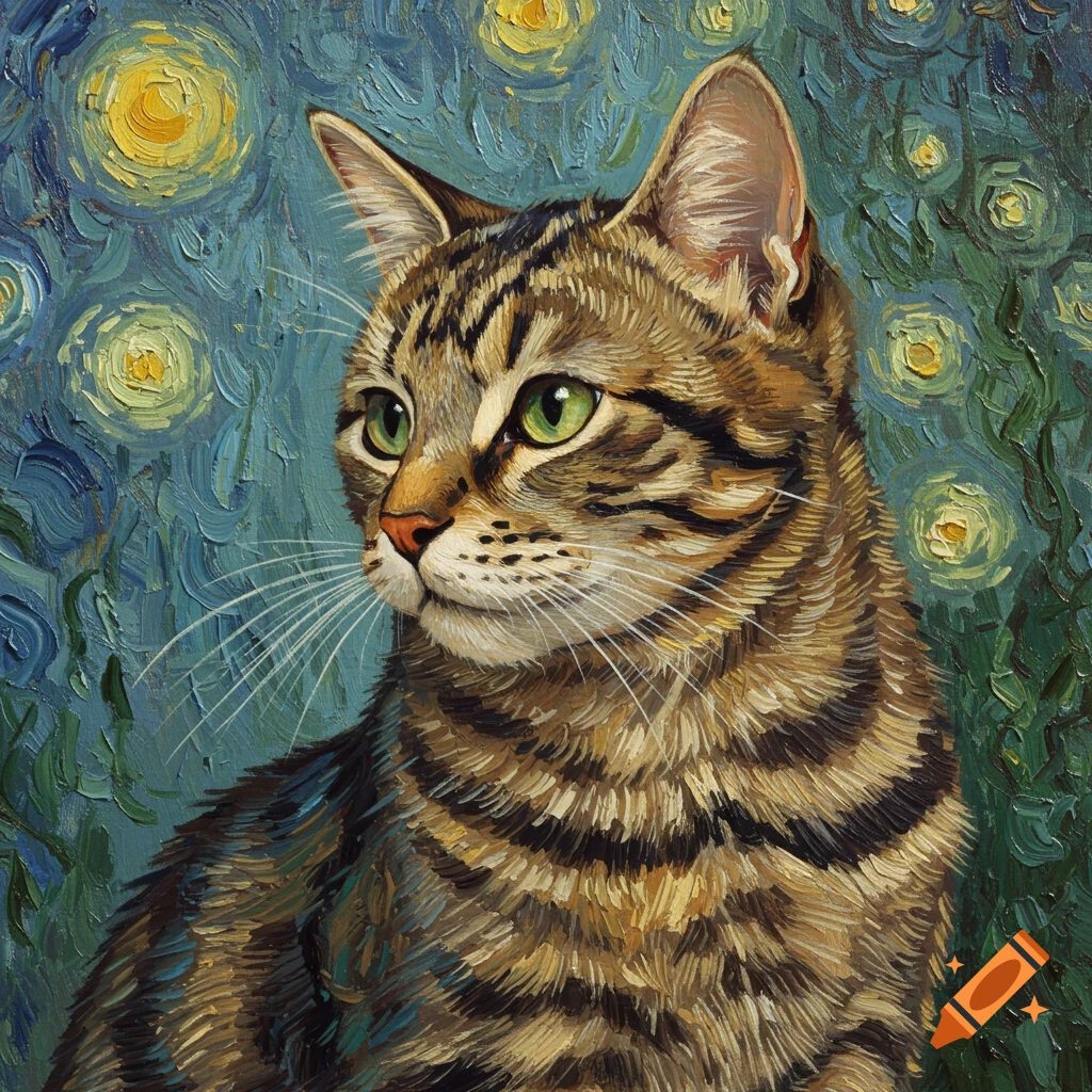 Painting of a tabby cat in Van Gogh style