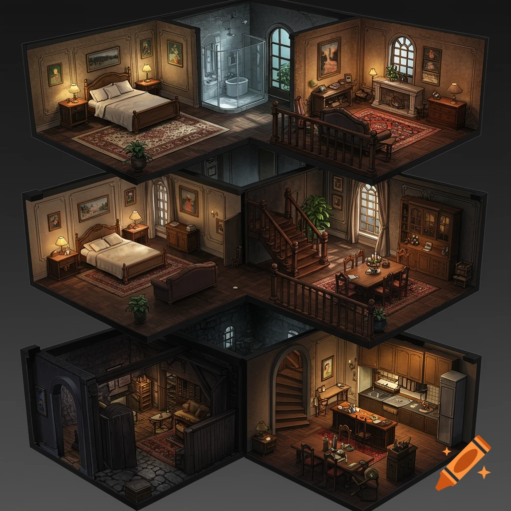 Cross-section view of a detailed 3D rendered house interior showing multiple rooms and stairs.