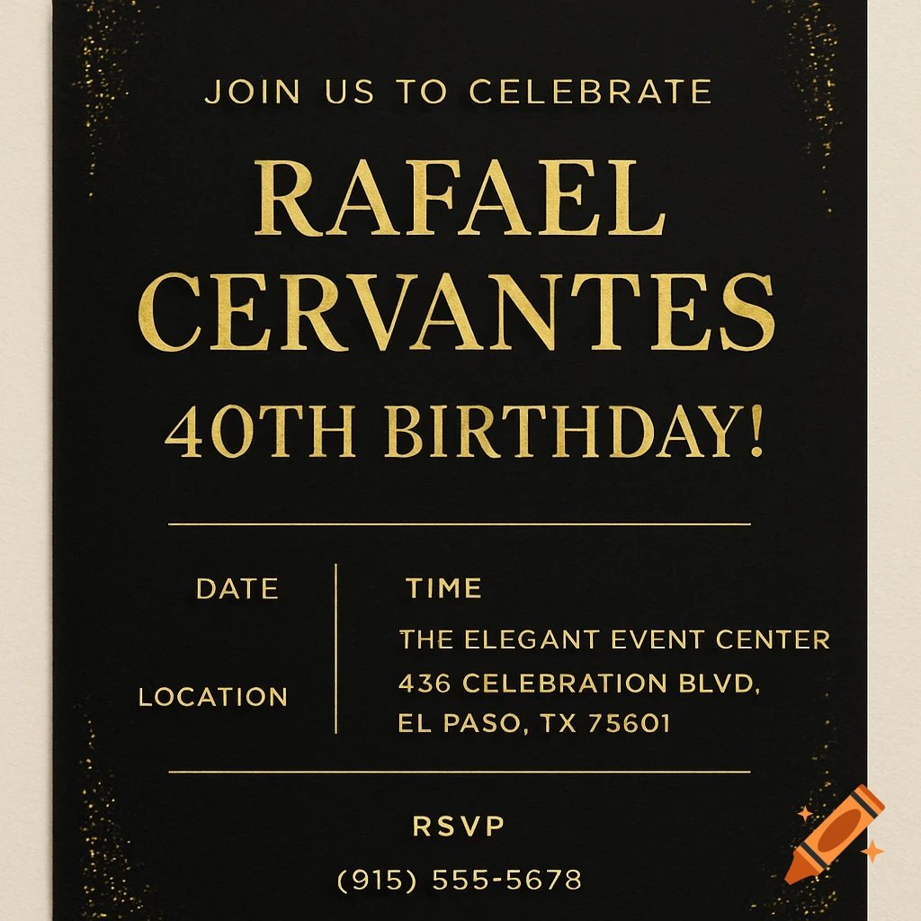 Black and gold 40th birthday invitation with text and decorative flecks.