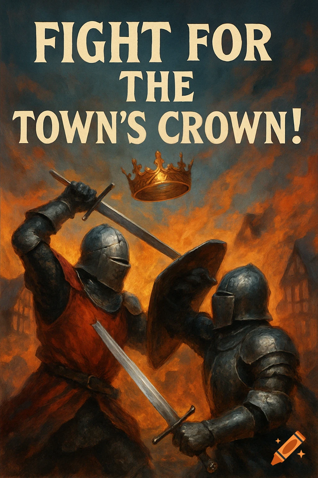 Fantasy painting of two knights fighting under a floating crown with book cover text.