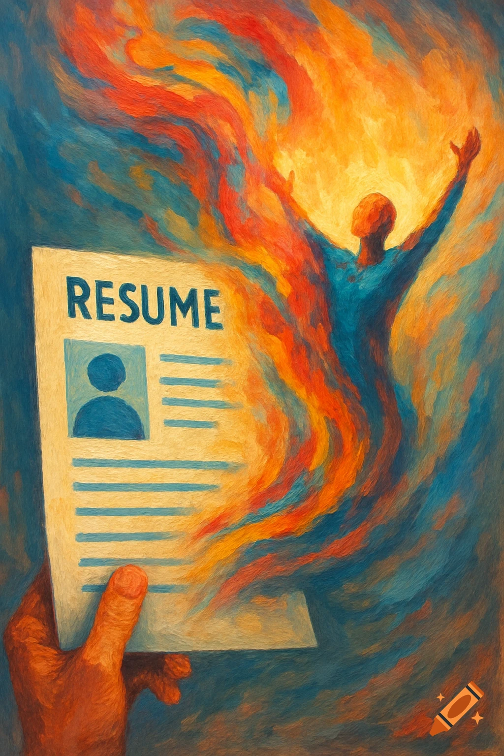 A hand holds a resume while a figure rises from it in a burst of fiery, colourful energy, painterly style.