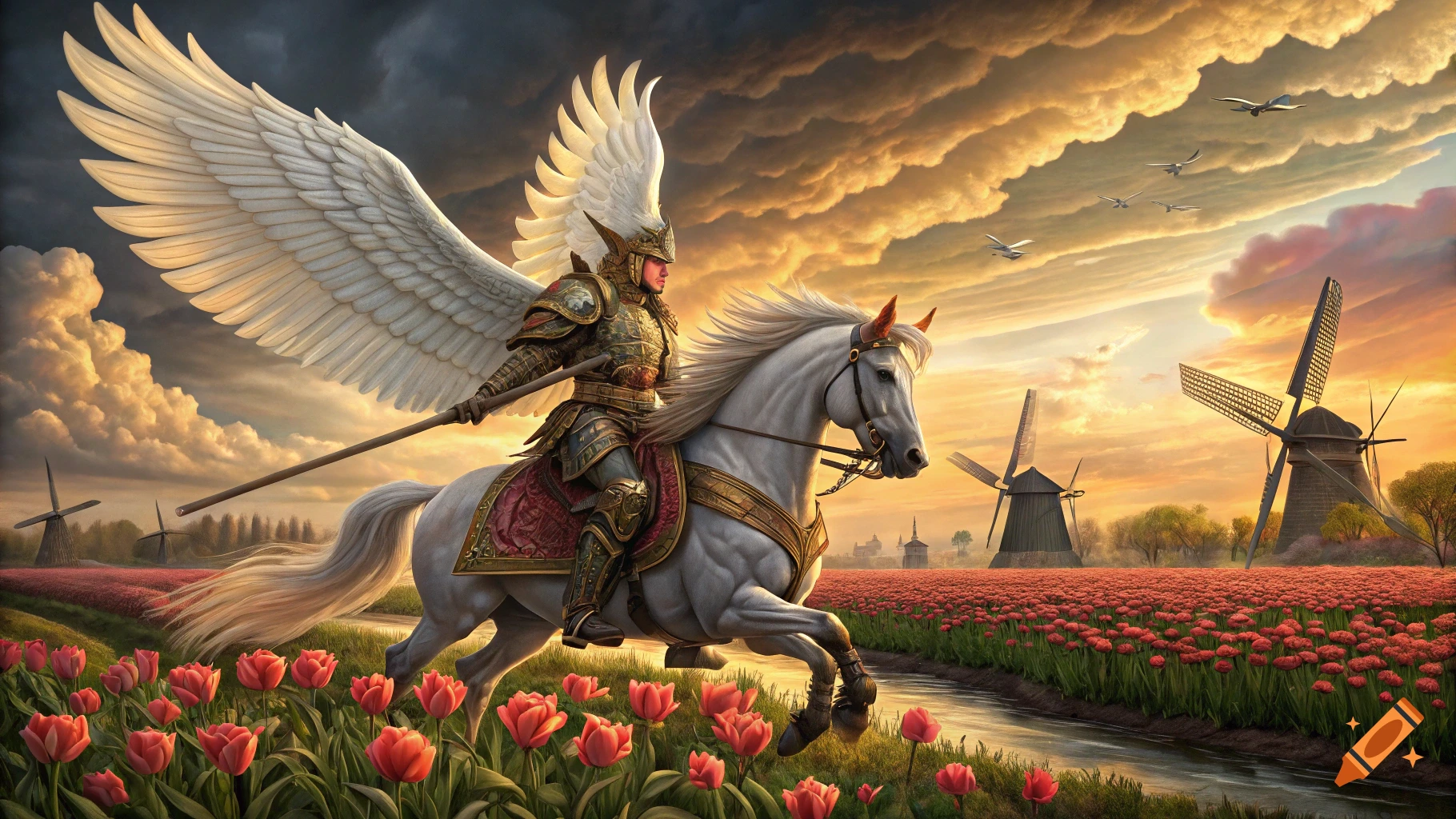 Fantasy warrior on a winged horse rides through a tulip field with windmills at sunset.