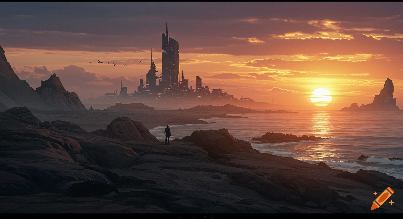 A person stands on a rocky shore looking at a futuristic city skyline ...