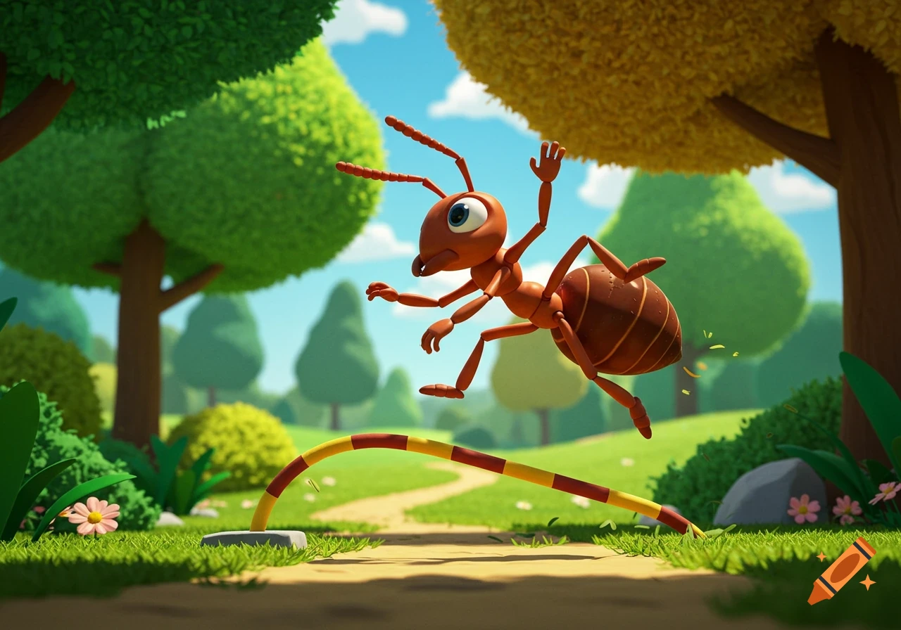 Animated ant jumps over a bar in a sunny park