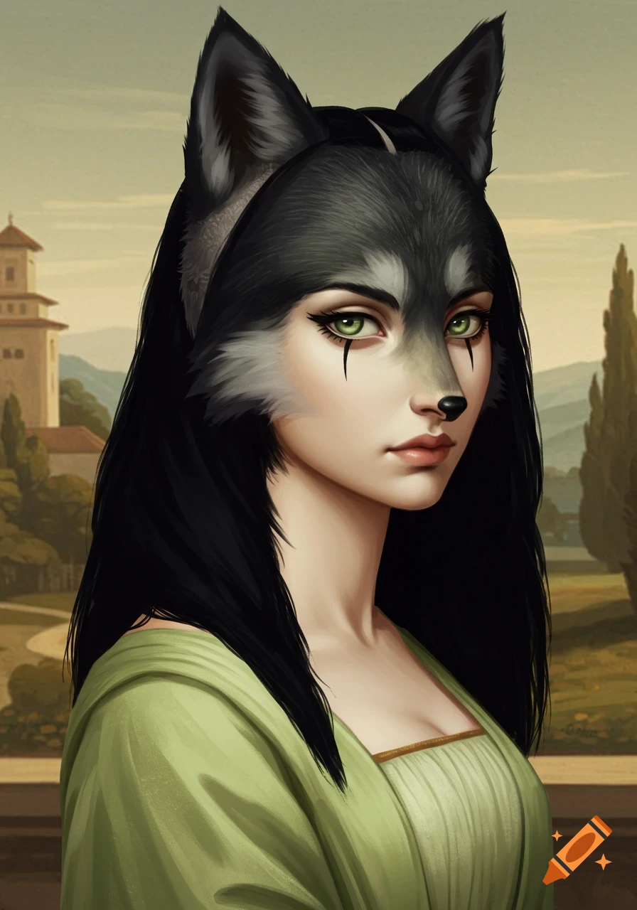 Stylized portrait of a woman with wolf features in a renaissance painting style