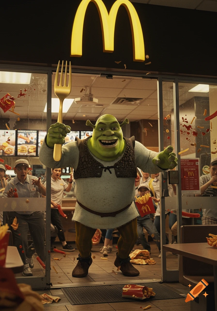 Shrek stands in a McDonald's entrance holding a giant golden fork, smiling as fries fly around him.