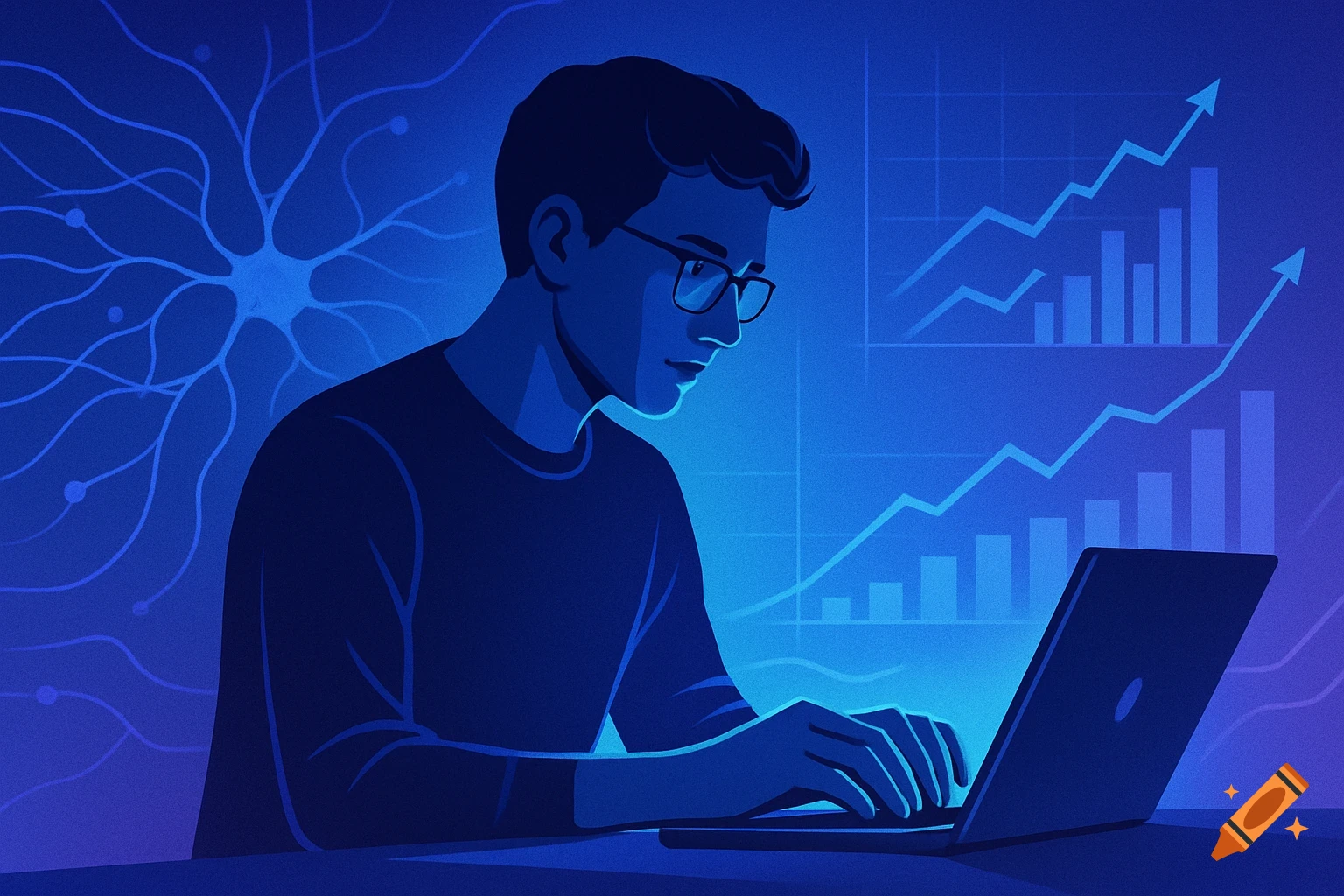 Digital art of a person working on a laptop with graphs and neural network background in blue tones.