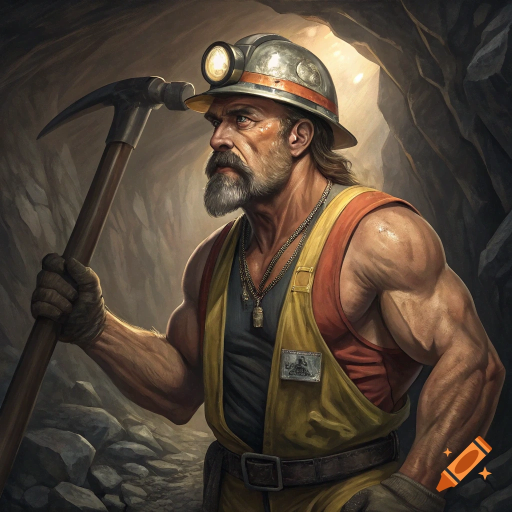 Muscular man resembling Hulk Hogan dressed as a coal miner holding a pickaxe in a mine, digital painting.