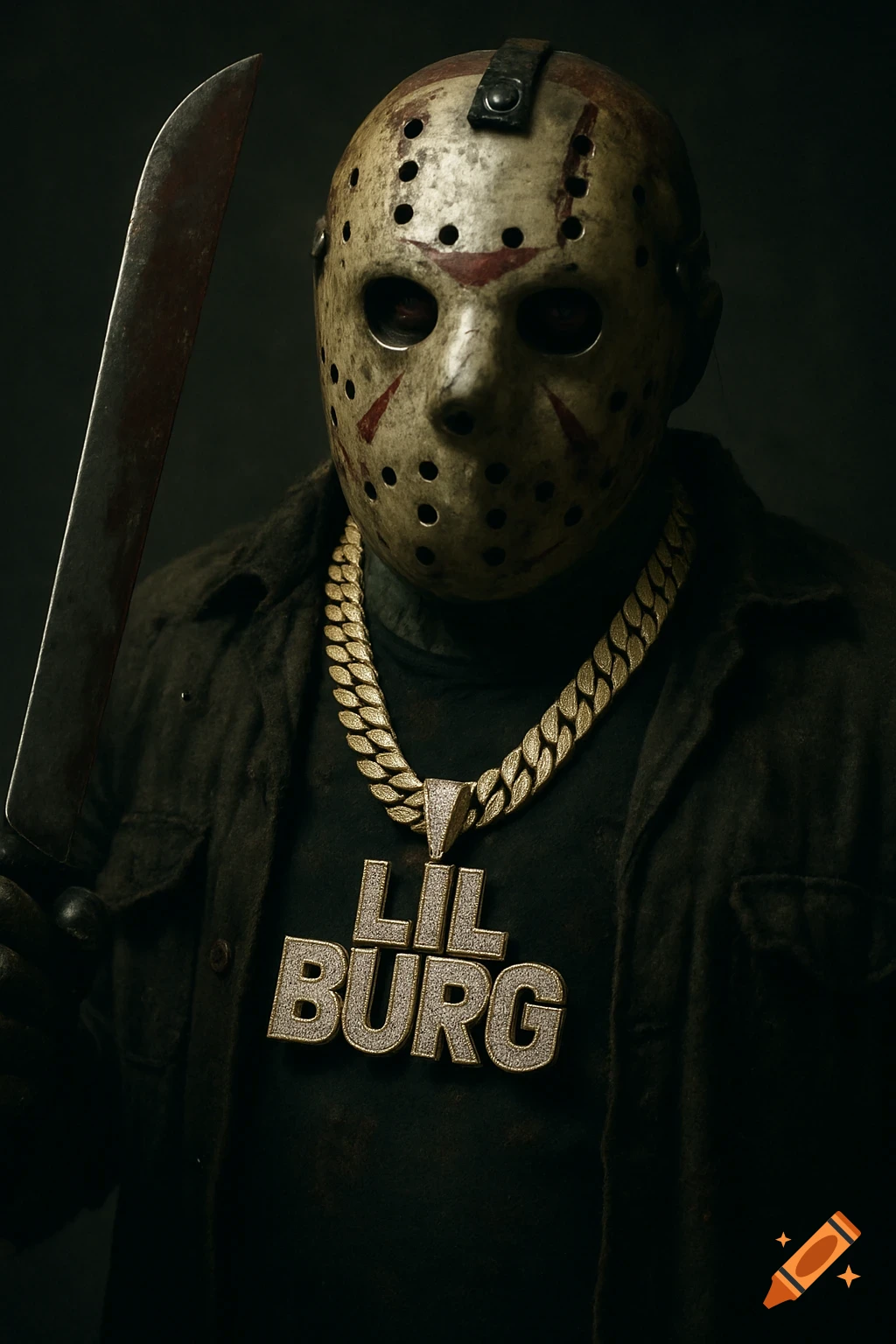 Close-up realistic portrait of Jason Voorhees wearing a hockey mask, a dark jacket, a large diamond chain with "LIL BURG" text, and holding a machete.