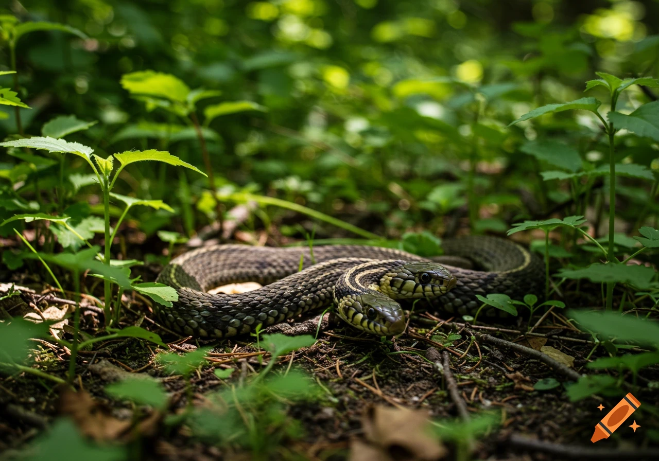 Two garter snakes intertwined on the forest floor among green plants.
