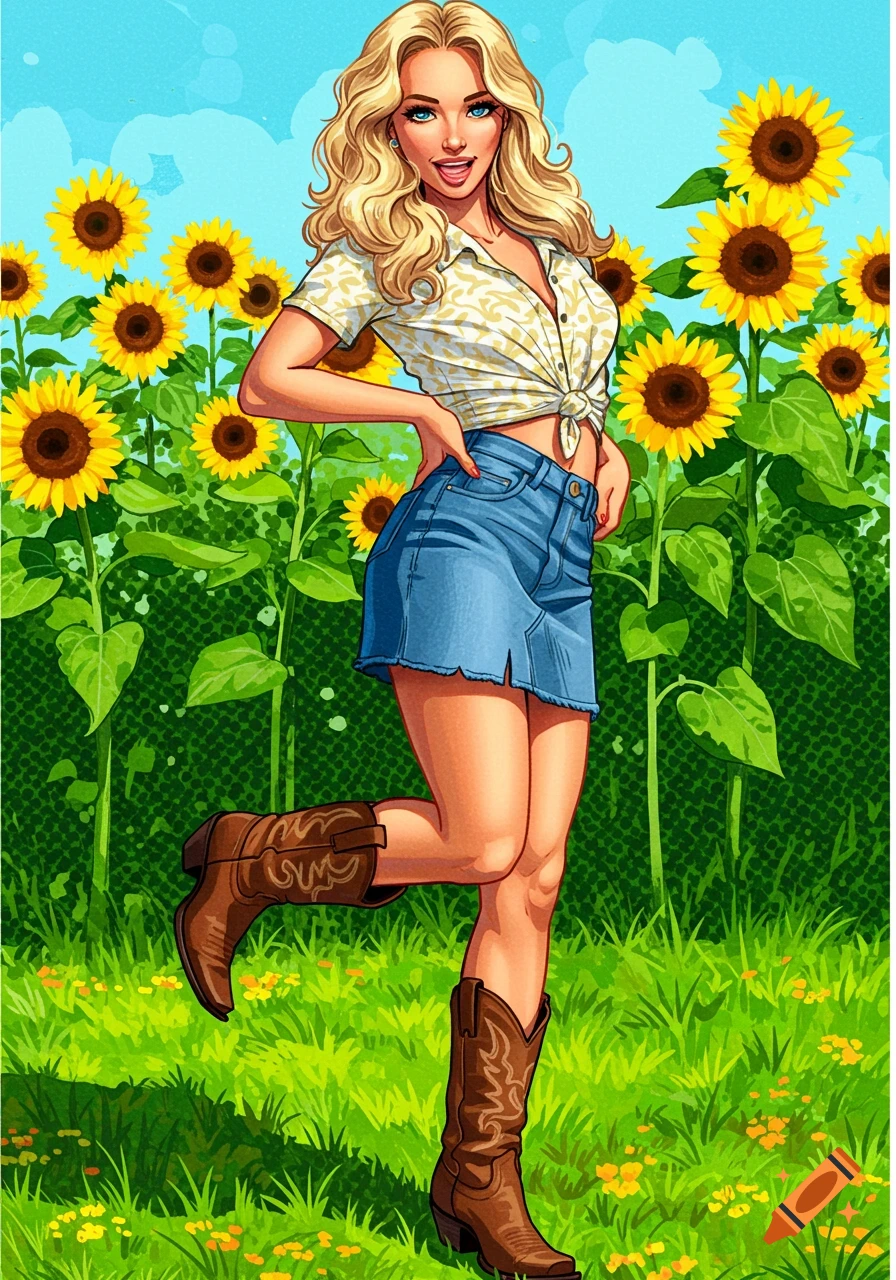 Illustration of a woman in a denim skirt and cowboy boots standing in a field of sunflowers.