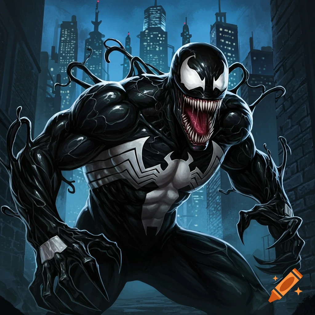 Comic book illustration of a symbiote creature like Venom in an alley with city buildings.
