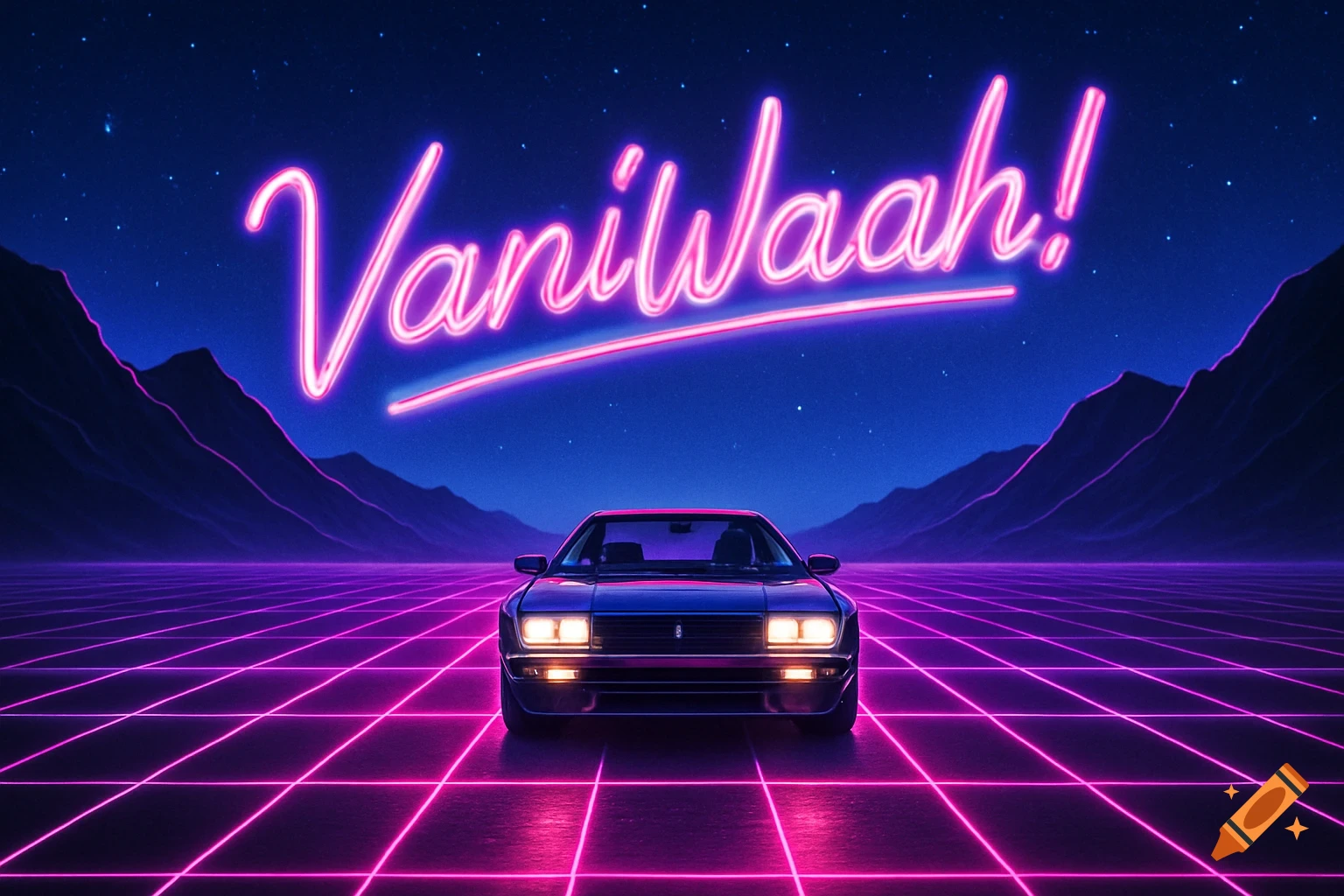 A synthwave image of a car on a neon grid with mountains and text 'VaniWaah!'