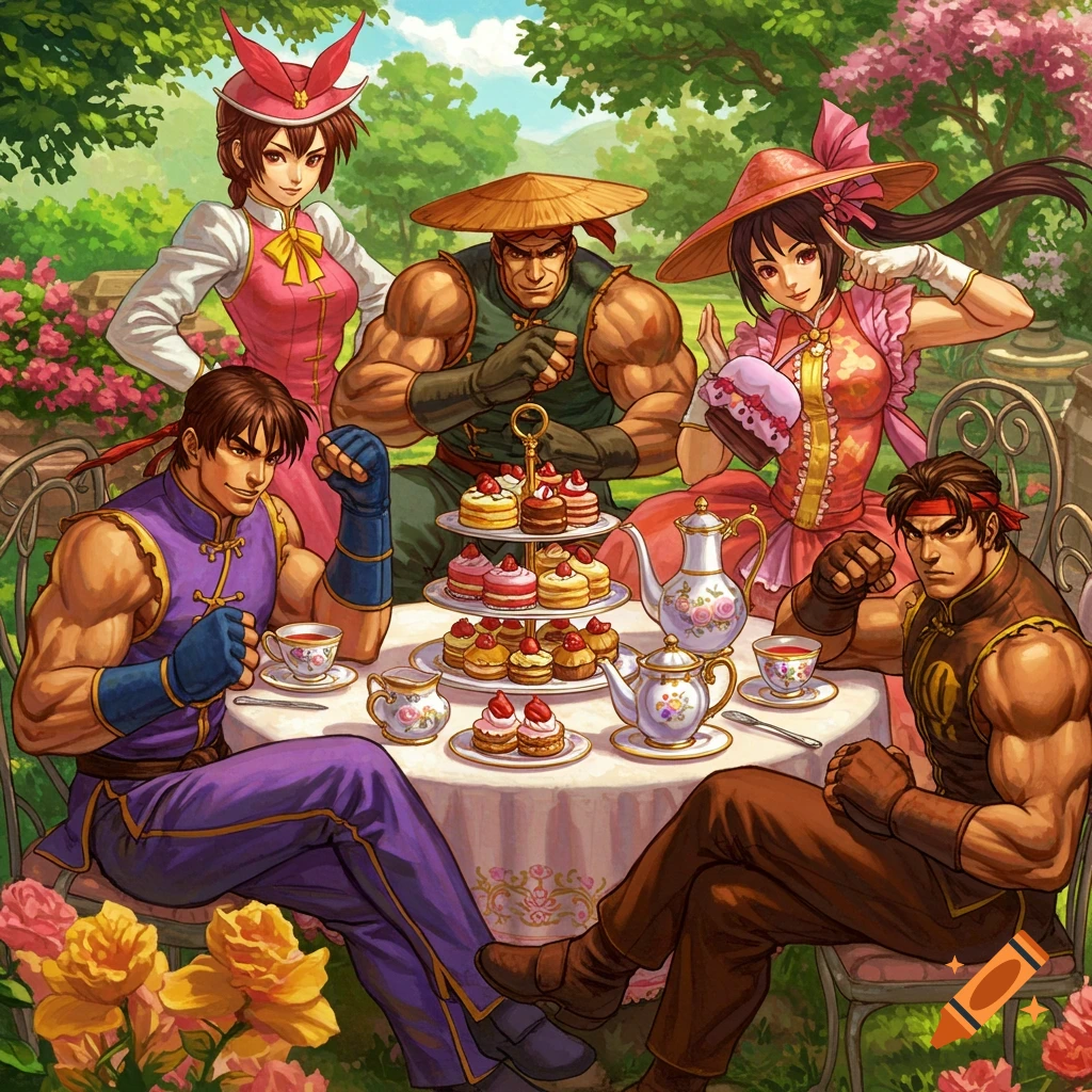 Street Fighter style characters having a tea party in a garden