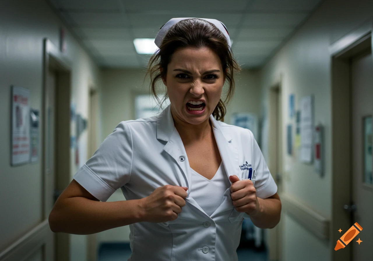 An angry nurse rips her shirt open in a hospital hallway, her face contorted in a snarl.