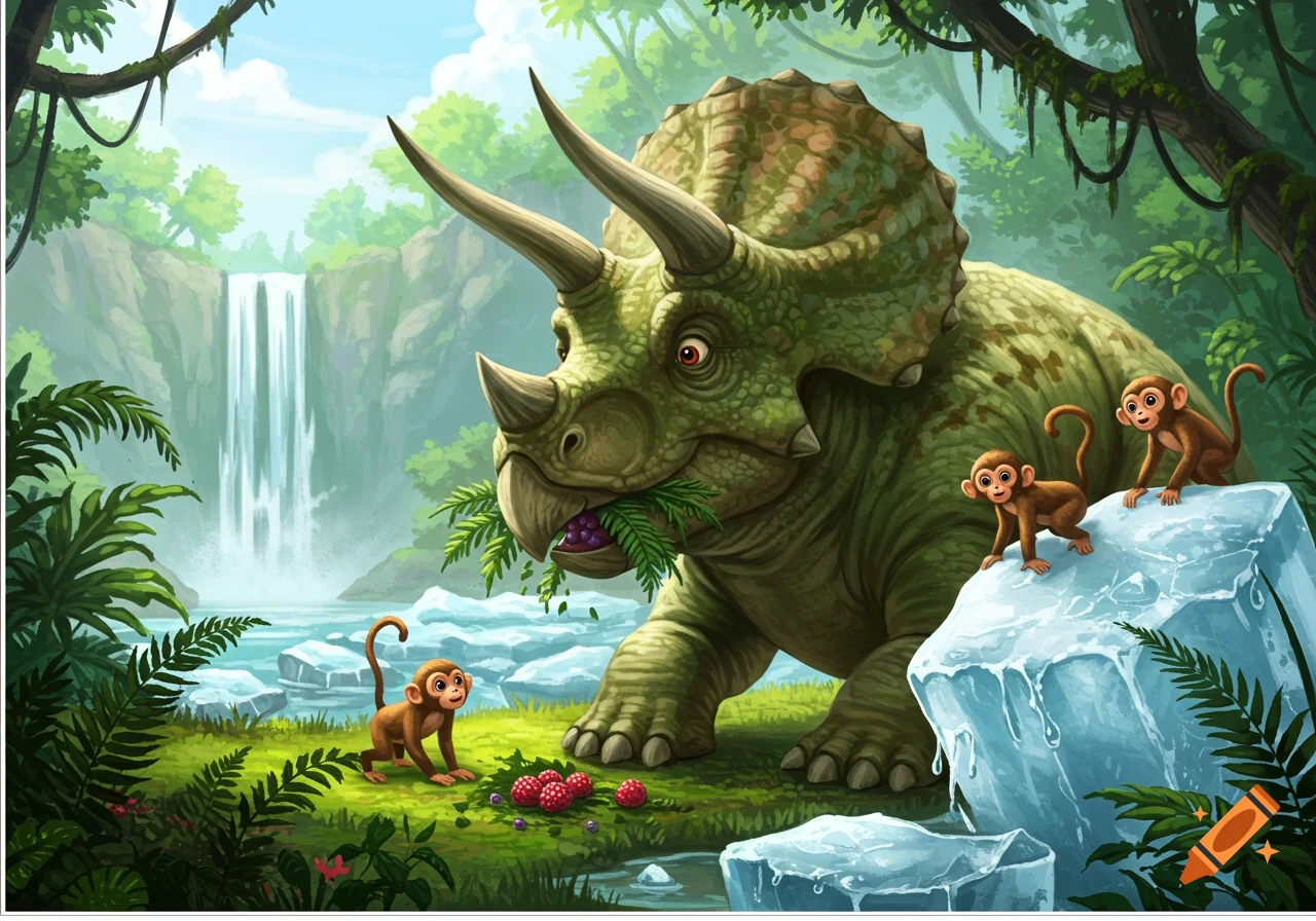 Cartoon illustration of a triceratops eating leaves in a jungle with three monkeys, two on ice rocks, and a waterfall in the background.