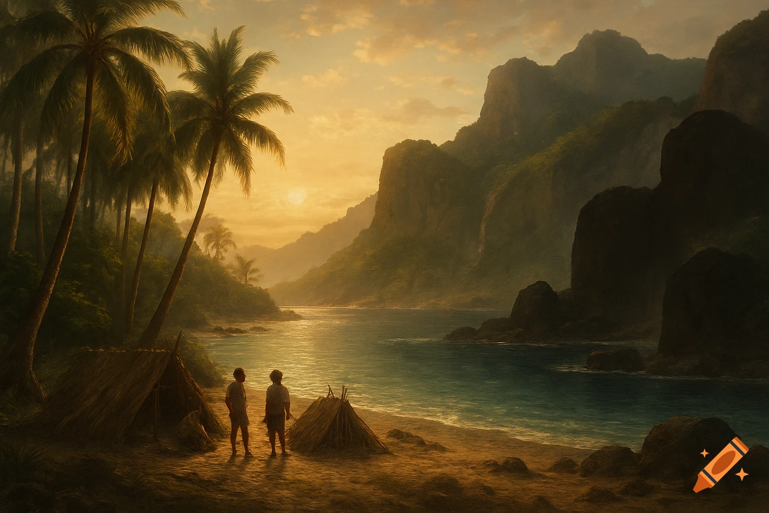 Tropical beach scene with figures, huts, palm trees, and mountains at sunset.