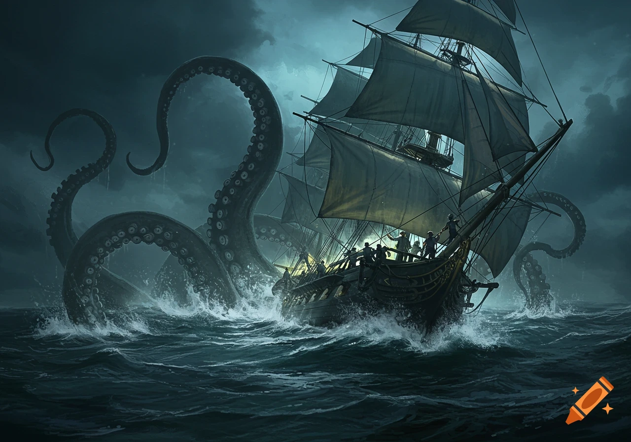 A dramatic digital painting shows a giant kraken with tentacles wrapping around a sailing ship in a stormy sea.