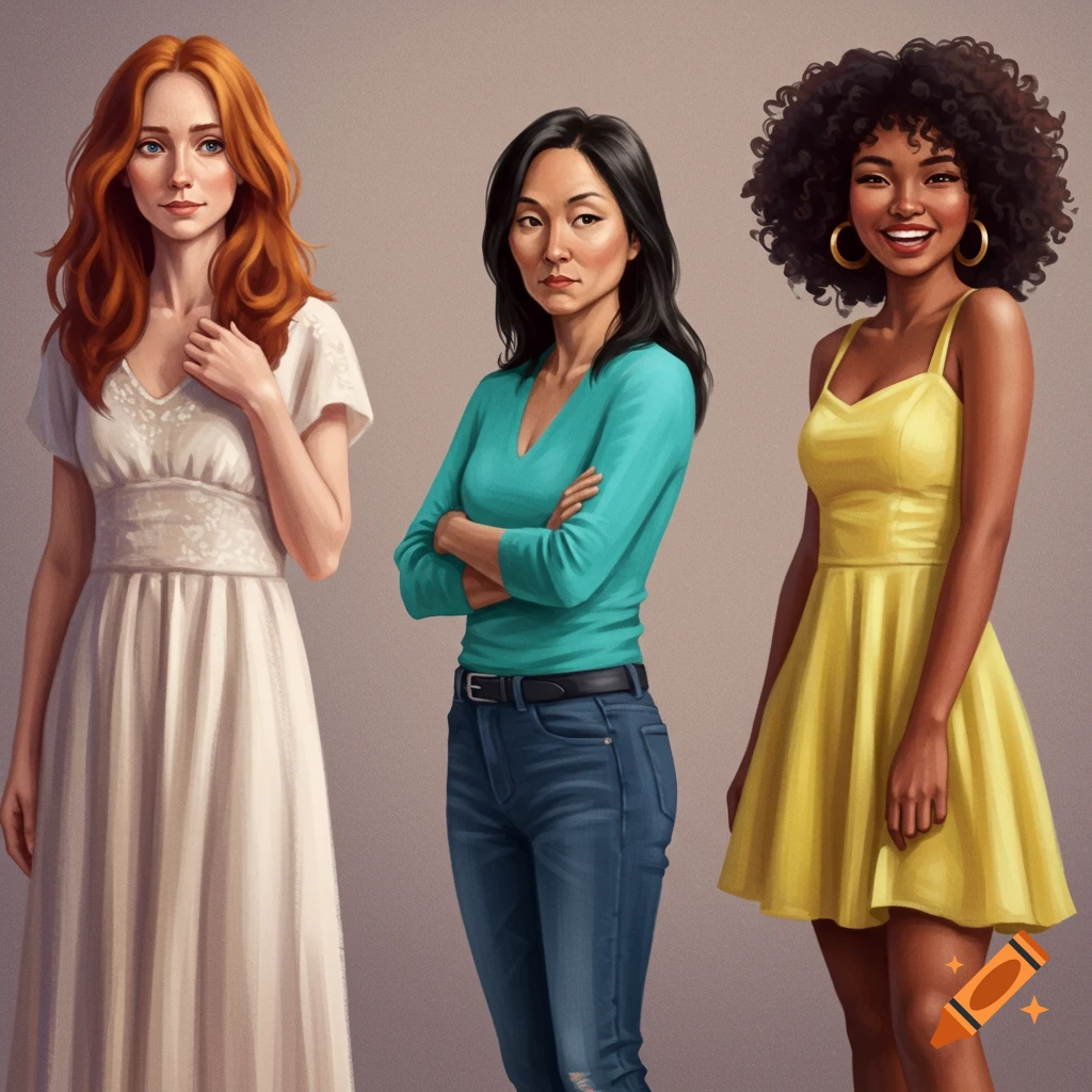 Three diverse women with varying hairstyles and outfits pose against a neutral background.