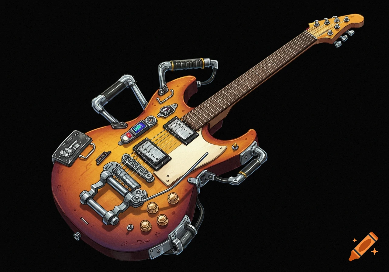 A detailed illustration of a guitar modified with metallic pipes and handles.