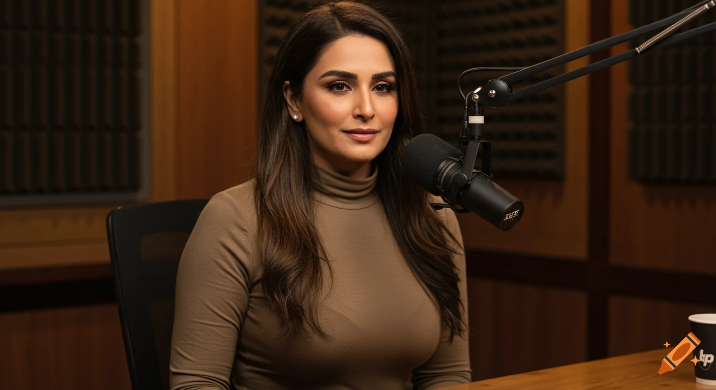 A woman seated at a podcast desk with a microphone.