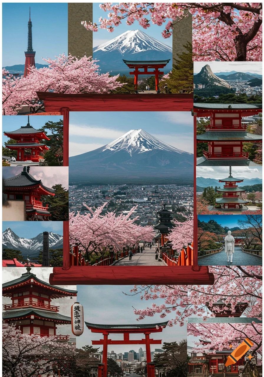 Collage of Japanese scenes including Mt. Fuji, cherry blossoms, pagodas, and torii gates