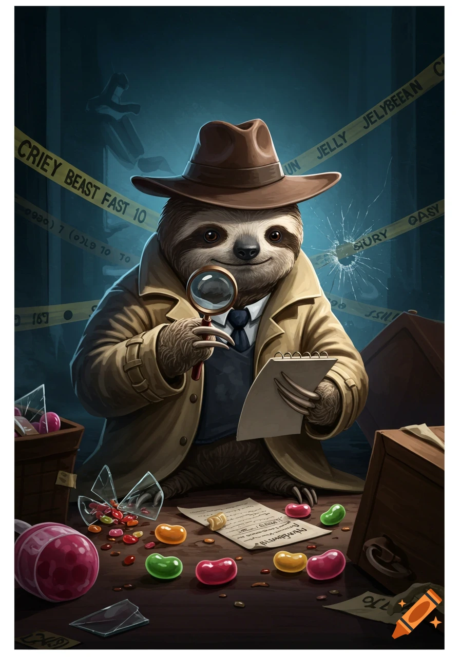 A cartoon sloth detective examines spilled jellybeans with a magnifying glass and notepad at a crime scene.