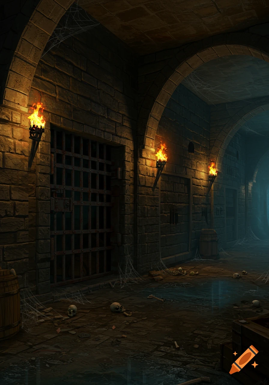 Dark dungeon corridor with burning torches, jail cells, spiderwebs, and scattered skulls on the floor, digital art.