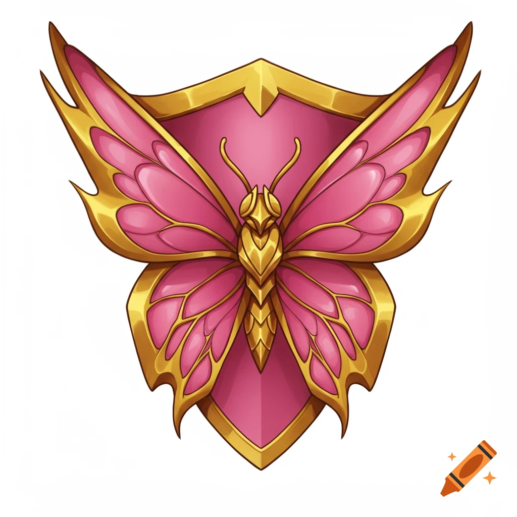 A pink and gold fantasy shield in the shape of a butterfly, 2D illustration
