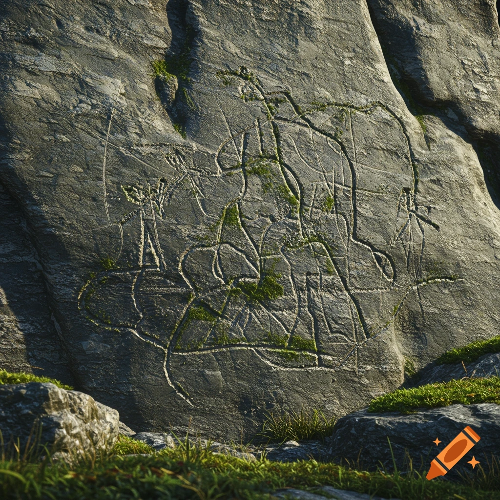 Realistic photo of ancient petroglyphs carved into a mossy rock face with grass.