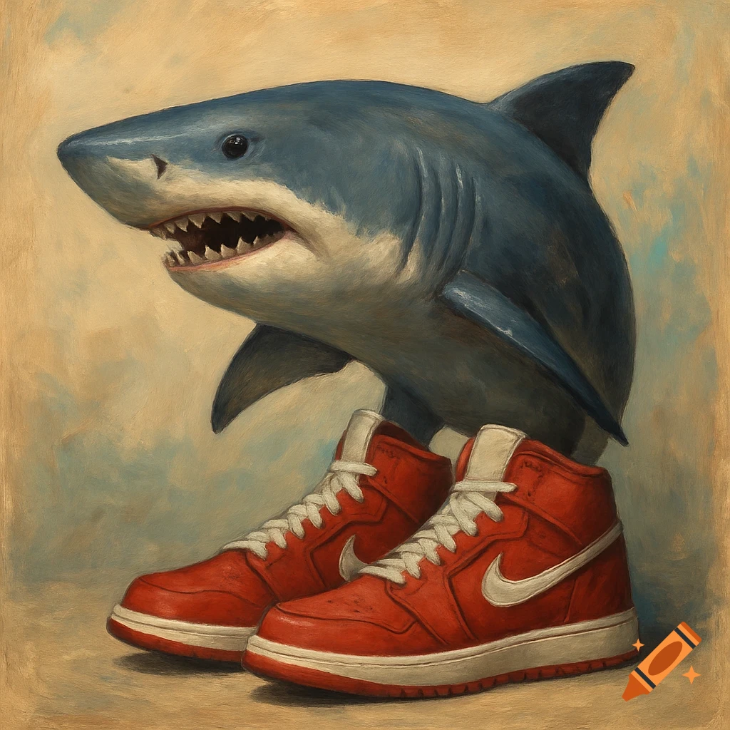 A painting of a shark wearing red high-top sneakers.