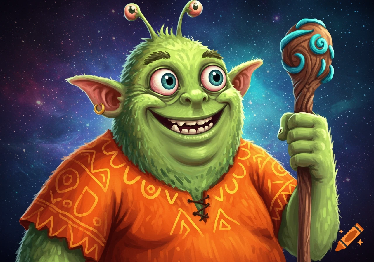 Cartoon illustration of a green alien creature with large eyes, ears, and a big smile, wearing an orange shirt and holding a staff, set against a starry space background.