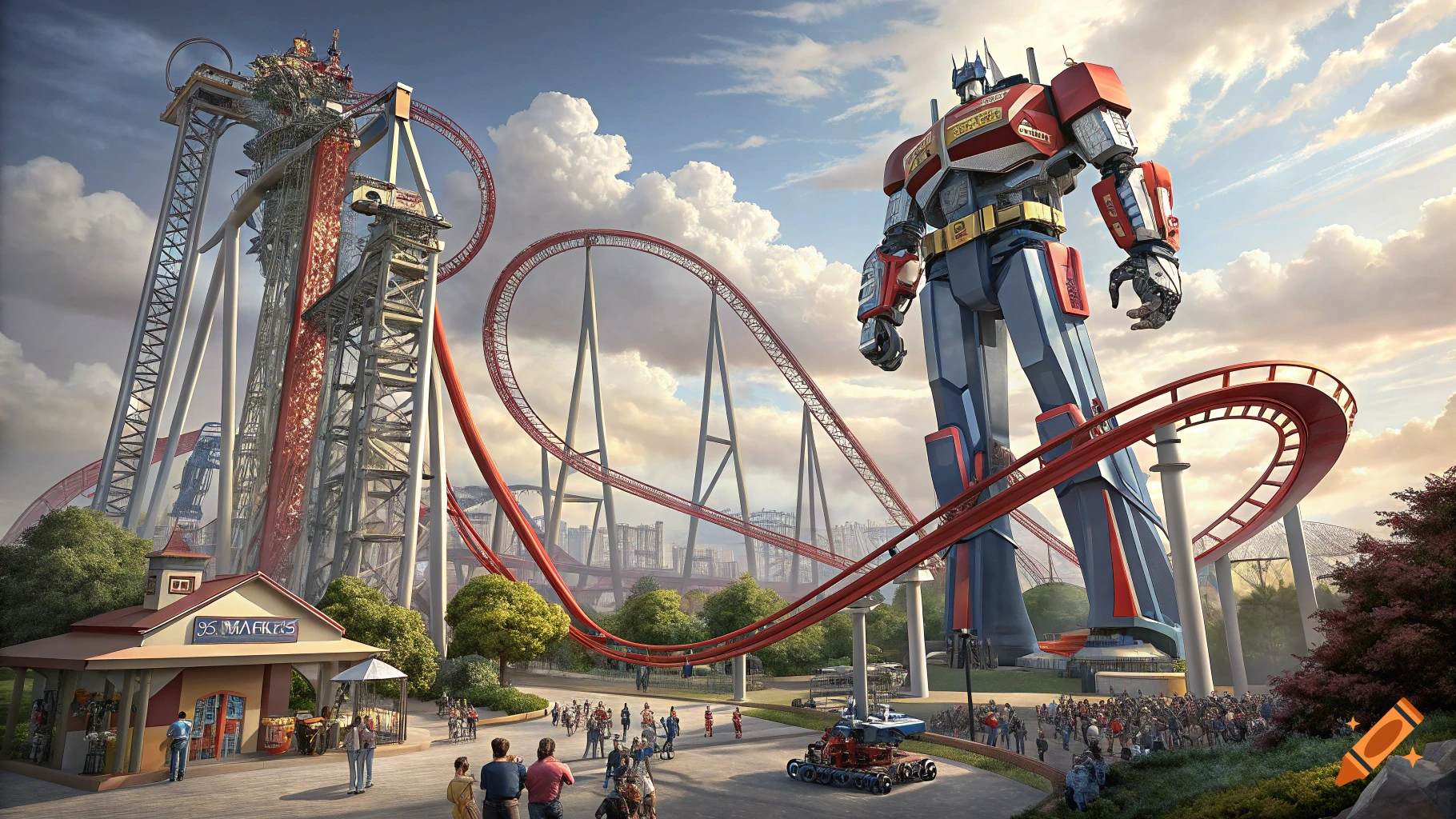 A giant Optimus Prime robot stands next to a super tall roller coaster at an amusement park.