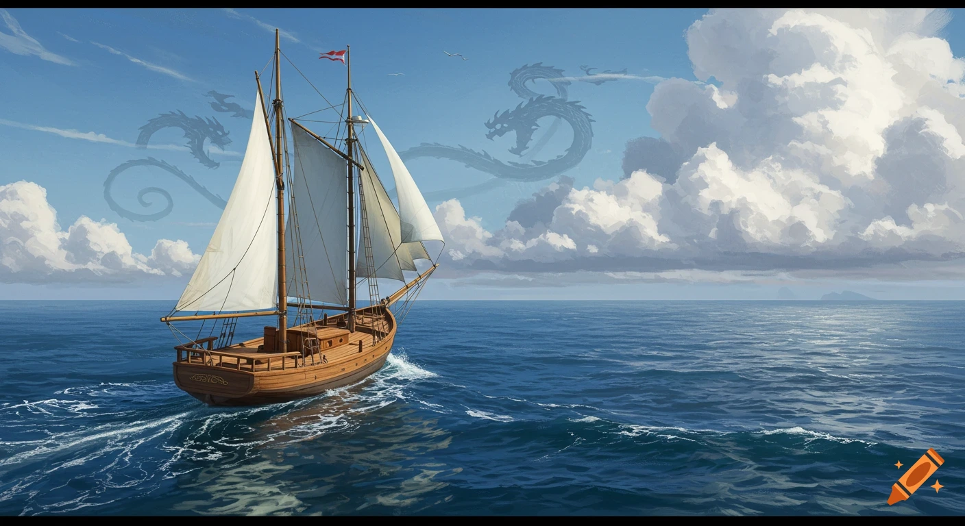 A sailboat on the ocean with dragon-shaped clouds in the sky, in a painting style.