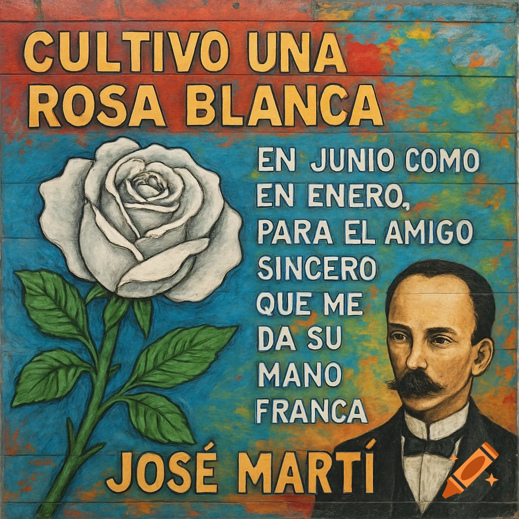 Mural painting depicting Jos é Mart í, a white rose, and lines from his poem 'Cultivo una Rosa Blanca'.