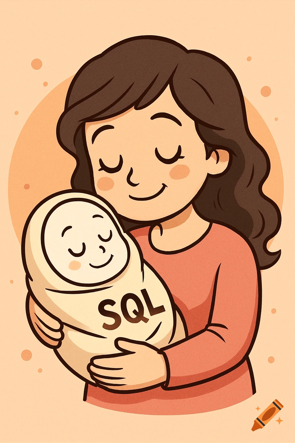 Cartoon illustration of a mother lovingly holding a swaddled baby with the text 'SQL' on the blanket.