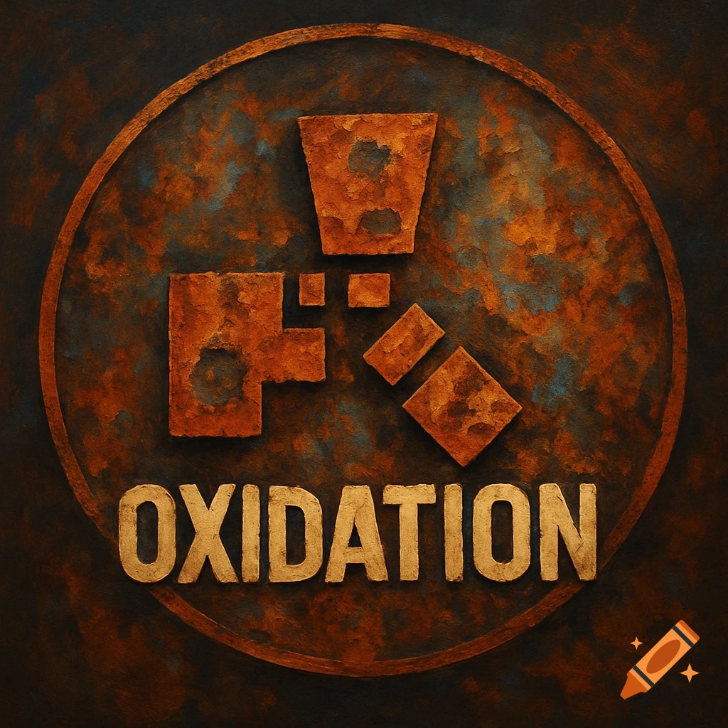 Rusty, circular logo with abstract symbol and the word OXIDATION.