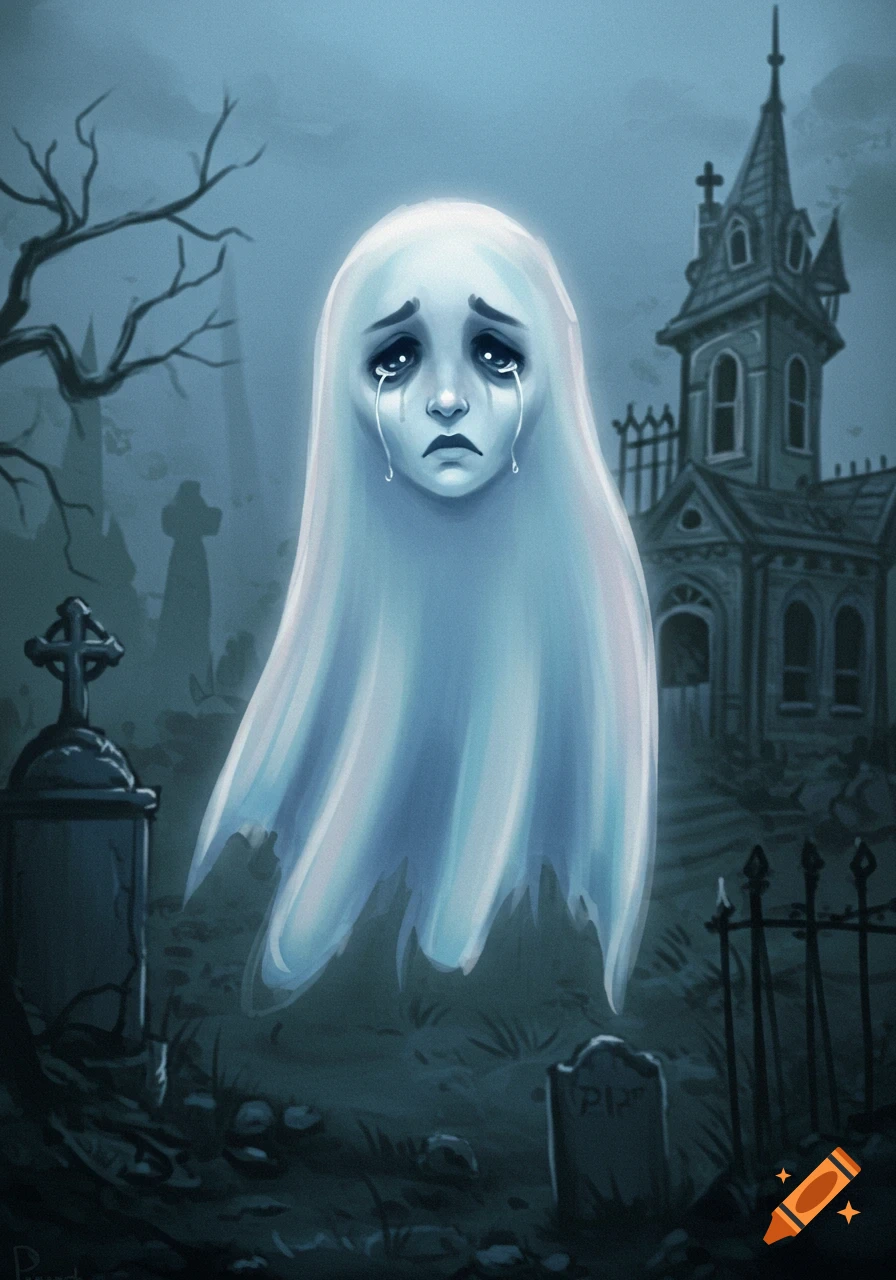 A sad ghost floats above tombstones in a foggy graveyard next to a spooky church.