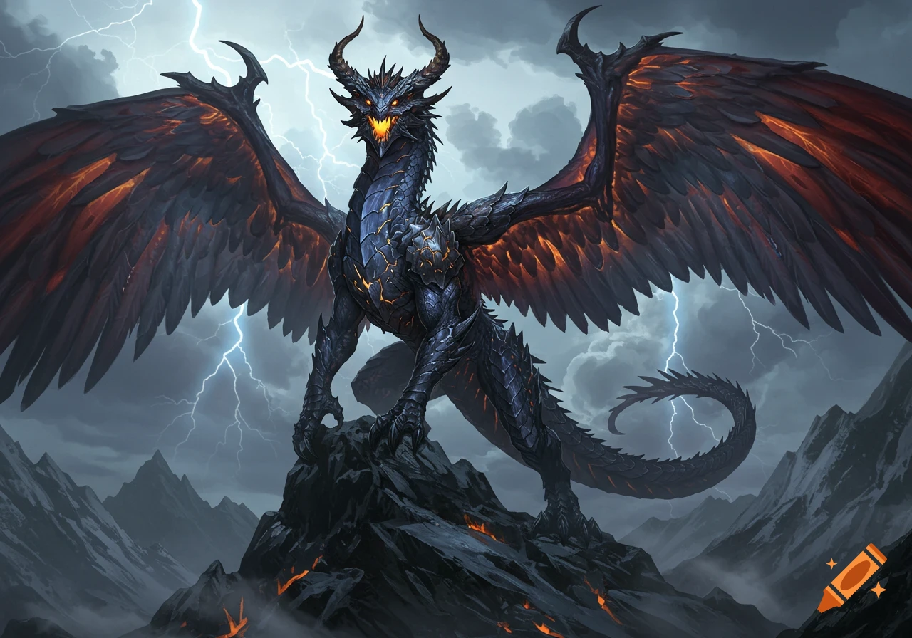 A colossal black dragon with glowing orange scales stands on a rocky ...