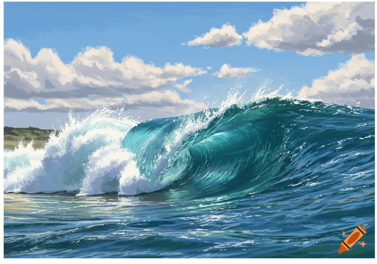 Large teal wave crashing near shore under cloudy sky, painting style.