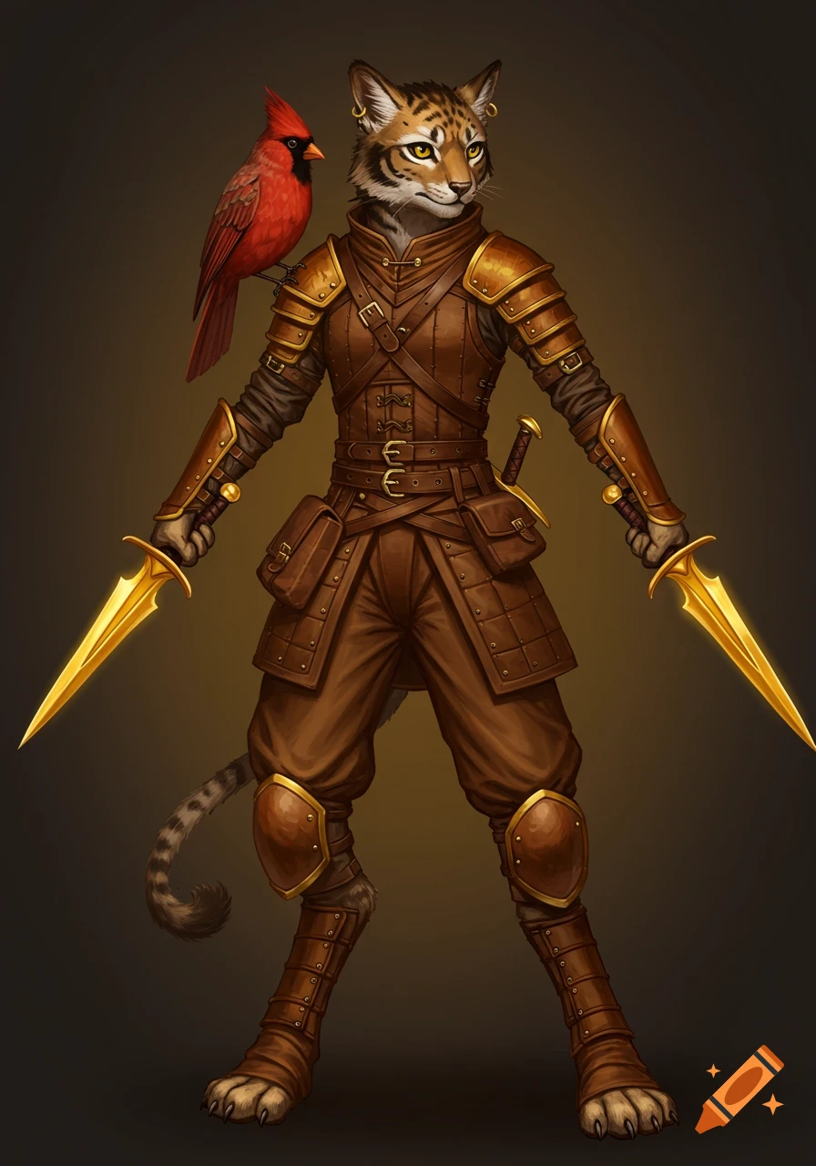 Full-body illustration of a Tabaxi character in leather armor holding golden daggers, with a cardinal on her shoulder.