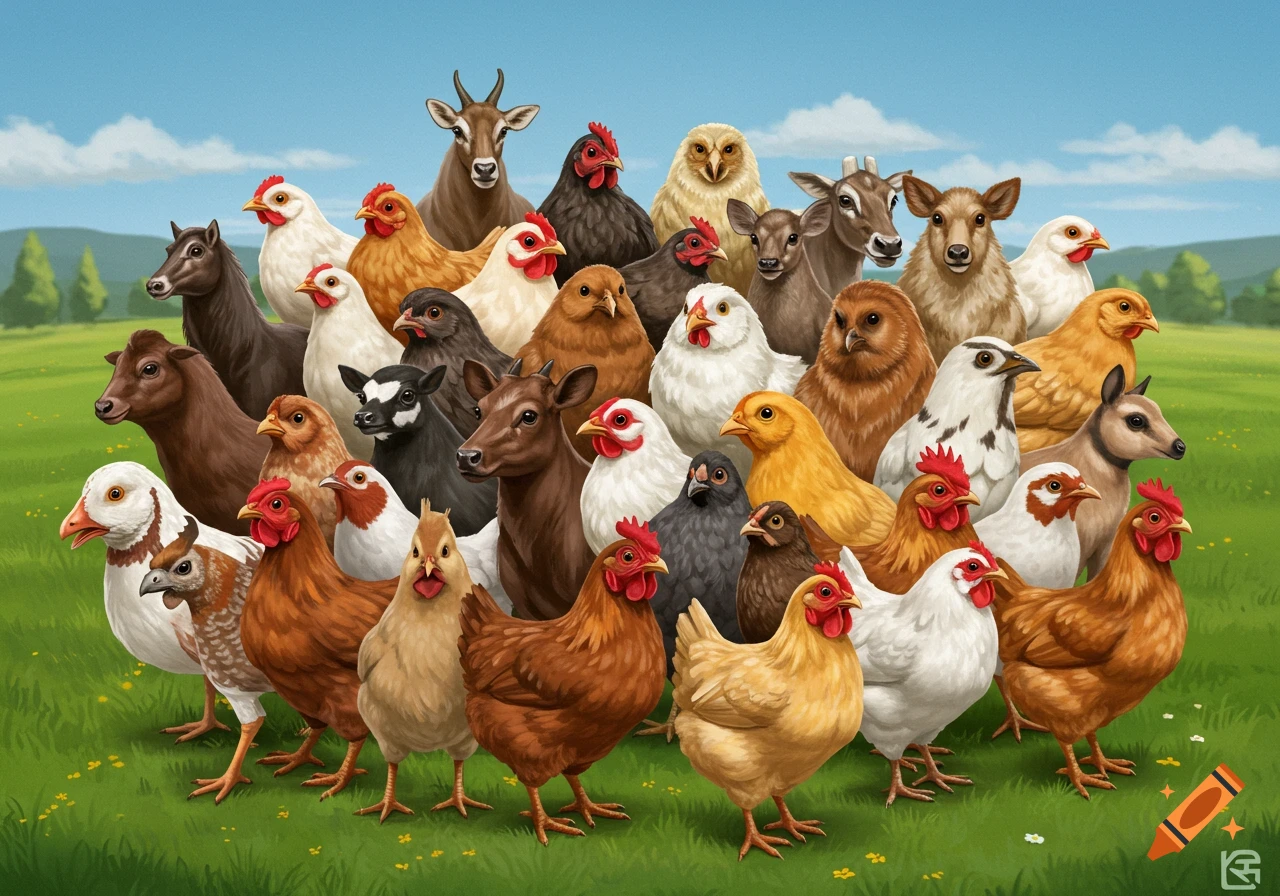 A large group of farm animals, including chickens, cows, and other birds and mammals, standing together in a grassy field.