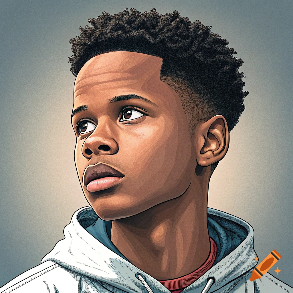 Stylized portrait illustration of a young Black man in a white hoodie looking up.