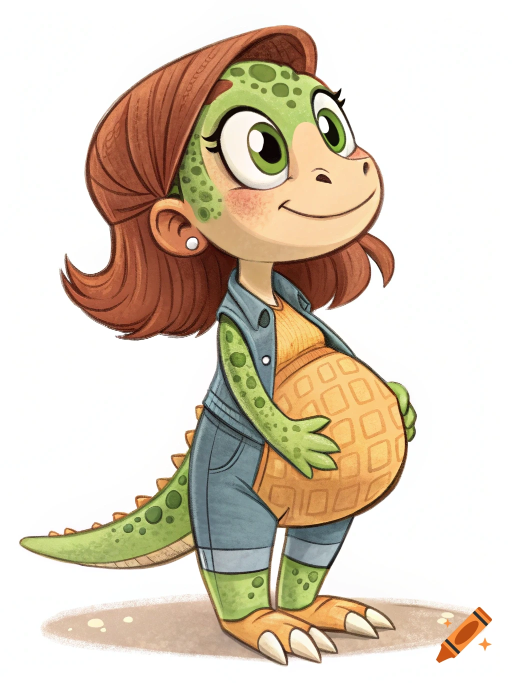 Cartoon illustration of a pregnant dinosaur girl holding her waffle-textured belly.