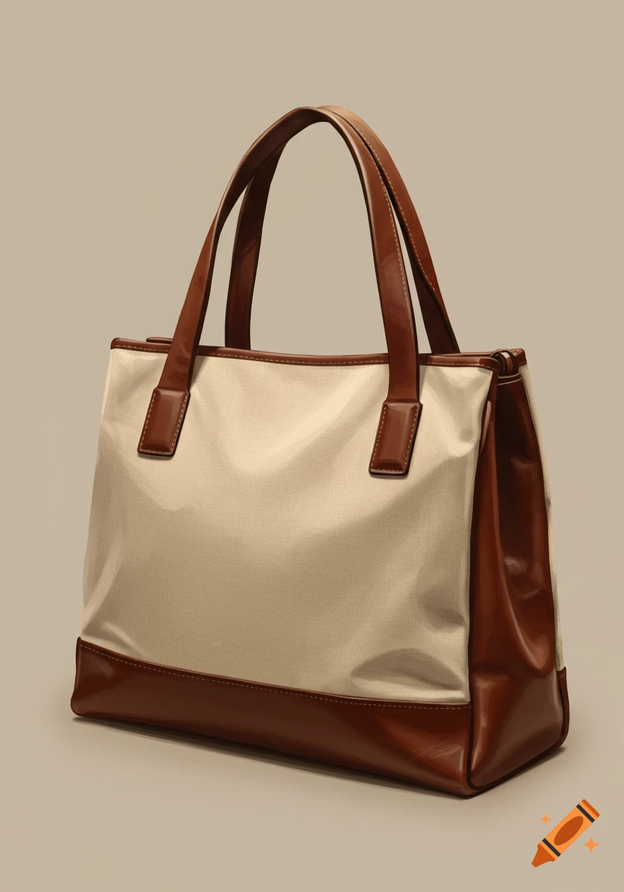 A beige canvas tote bag with brown leather trim and handles on a plain background.