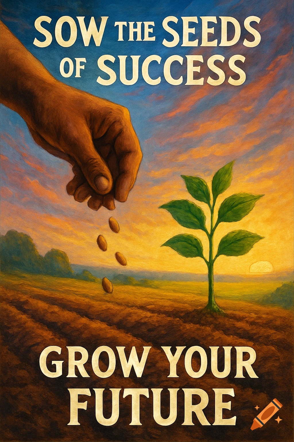 Illustration of a hand sowing seeds in a field at sunset with text 'SOW THE SEEDS OF SUCCESS GROW YOUR FUTURE'